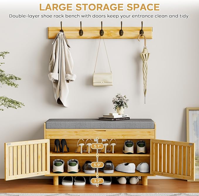 Coat Rack Shoe Bench Set, Bamboo Shoe Storage Bench with Seat Cushion & 5 Hooks, Hall Tree Entryway Bench with Lift Top Hidden Storage, 35.4" W x 12.6" D x 19.7" H, for Entryway, Living Room, Bedroom