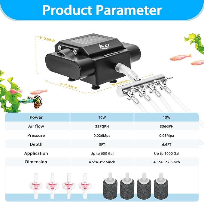 AQQA Powerful Aquarium Air Pump Adjustable Fish Oxygen Aerator Pump for Basement Aquarium Ponds Hydroponic 4 Outlets Commercial Air Pump Bubbler with Accessories for Fish Tank Up to 600Gal(10W,237GPH)