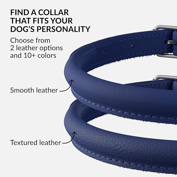 CollarDirect Rolled Leather Dog Collar, Soft Padded Round Puppy Collar, Handmade Genuine Leather Collar Dog Small Large Cat Collars 13 Colors (8-11 Inch, Deep Blue Smooth)