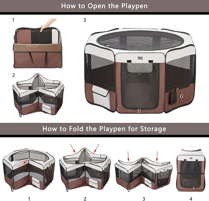 DONORO Dog Playpen 46" Portable Pet Play Pens for Small Medium Dogs, Foldable Exercise Kennel Tent Crate Indoor/Outdoor Travel Camping, Removable Top/Bottom (Brown, Large (46"x46"x23"), 8)