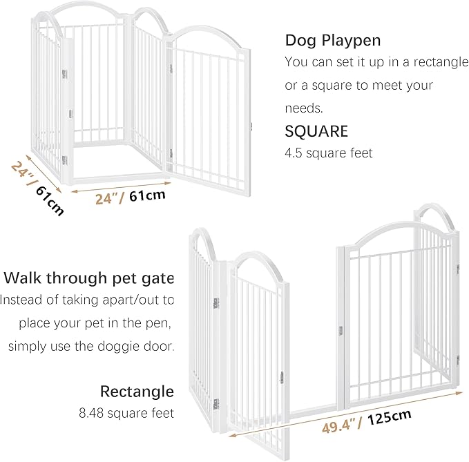 BHG Metal No-Assembly Freestanding Dog Gate with Door Walk Through, Extra Wide 96", Extra Tall 32" Pet Gate, Accordion Puppy Folding Playpen Dog Fence, with 2PCS Support (White, 4 Panels)