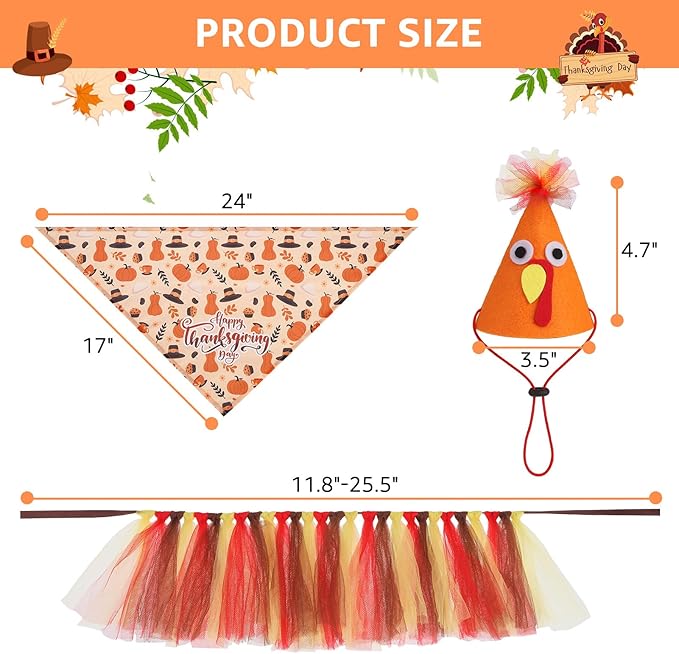 SCENEREAL Thanksgiving Dog Bandana Dress with Hat Set, Pet Turkey Costume for Small Medium Sized Dogs, Cute Tutu Skirt Outfit for Party Halloween