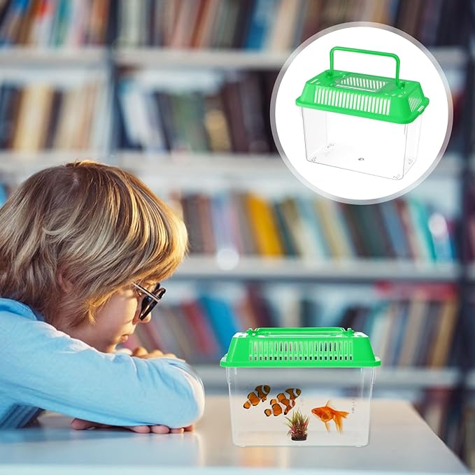 Portable Fish Tank Handheld Fish Tank,Plastic Mini Fish Box Transparent Cutout Design, Plastic Aquarium with Handle for Turtle and Pet Fish (Random Color Lid)