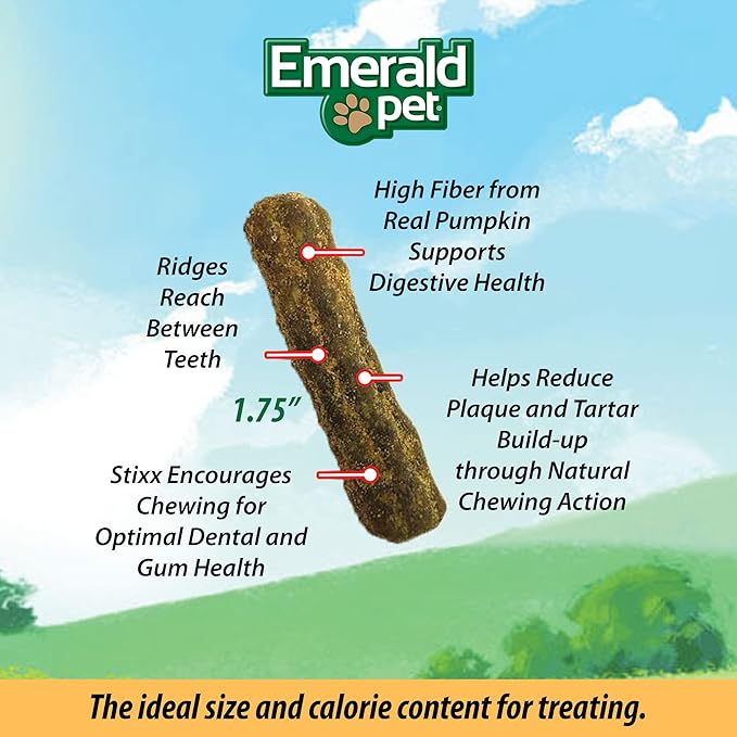 Emerald Pet Feline Dental Stixx — Tasty and Crunchy Cat Dental Sticks with Pumpkin for Digestive Health — Natural Grain Free Dental Treats for Clean Cat Teeth and Fresh Breath — Chicken Stixx, 3.6 oz