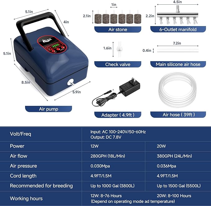 AQQA Aquarium Air Pump,AC/DC Battery Air Pump for Pond Fish Tank,9 Gear Adjustable Air Volume,IPX6 Waterproof Rechargeable Bubbler Aerator for Outdoor Fishing Breed Aquatics (12W)