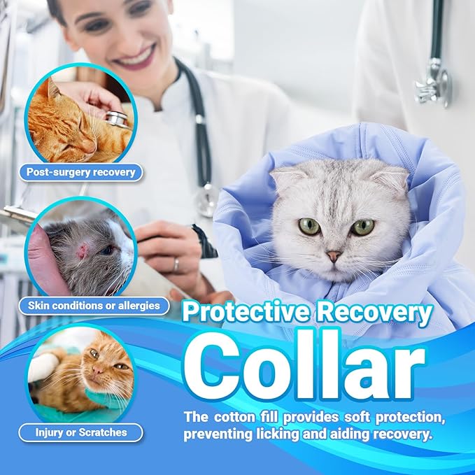 Cat Recovery Collar, Soft Adjustable Cone for Cats and Kittens, Lightweight Waterproof Elizabethan Collar for After-Surgery Care, Prevent Licking and Scratching, Neck Protector for Pets（Light Blue,M）