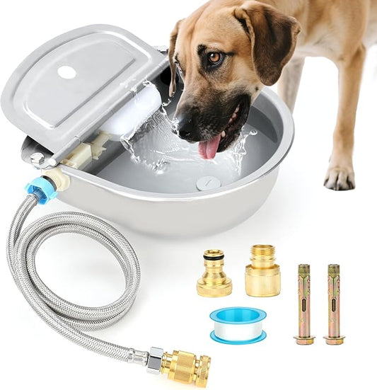 FHTONGE 304 Stainless Steel Automatic Water Dispenser with Drainage for Outdoor Big Dog, Large Auto Fill Dog Waterer Float Valves for Livestock Poultry Horse Cow Goat Pig Chicken Duck Rabbit Drinking