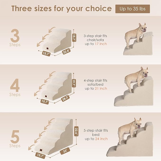 EHEYCIGA Curved Dog Stairs Ramp for Small Dogs 15.7" H, 3-Step Dog Steps for Couch Sofa and Chair, Pet Stairs for Cats, Non-Slip Balanced Pet Steps Indoor, Beige