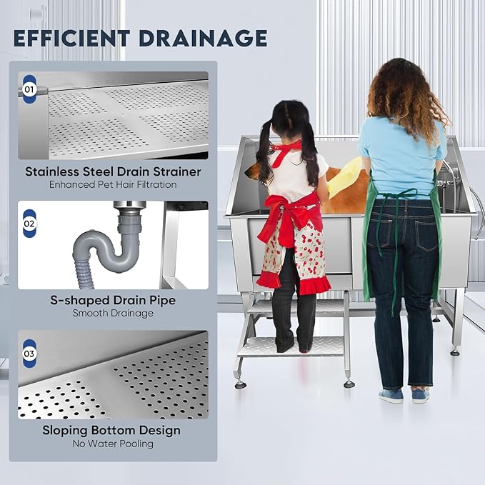62" Pet Dog Bathing Station,Professional Stainless Steel Dog Grooming Tub,Pet Bathing Tub Dog Bathing Station with Faucet Walk-in Ramp Accessories,Commercial or Household use, (Extra Large)