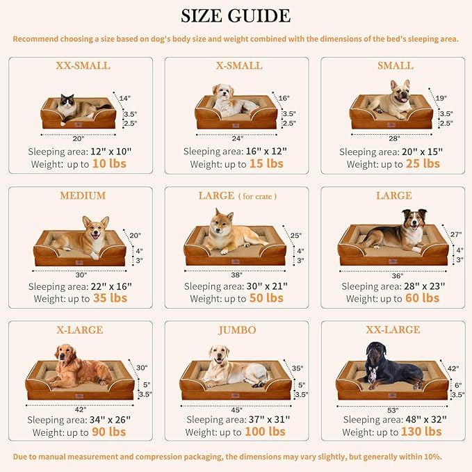 Comfort Expression XL Orthopedic Dog Beds, Waterproof Extra Large Dog Beds with Bolster, Washable Pet Sofa Couch with Removable Cover & Non-Slip Bottom(X-Large,Caramel)