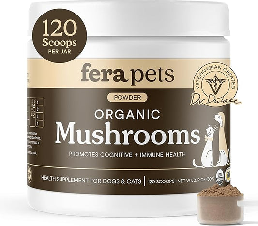 Fera Pets Mushroom Supplement for Dogs & Cats with Turkey Tail - USDA Organic - Cognitive and Immune Support - Enhances Liver Function - Supports a Healthy Gut - Powder - 120 Scoops