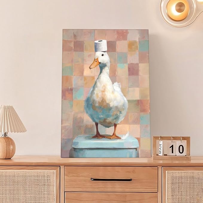 Funny Duck Bathroom Wall Art Cute Duck on Toilet Canvas Wall Decor Funny Quirky Farm Animal Pictures Painting Print Framed Artwork Decorations Gifts for Bathroom 16"x24"