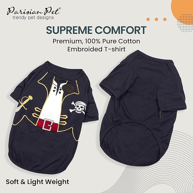 Parisian Pet Captain Sparrow Dog Shirt - Embroidered Pirate Costume - 100% Cotton & Polyester - Sleeved Black Dog Shirt - Large - Pet Costume