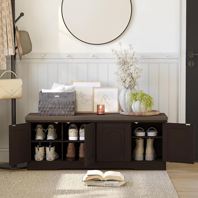 DINZI LVJ Shoe Bench, Entryway Storage Bench with Doors, Cushion, 2-Tier Shoe Rack with 8-Cubby, 47.2”L x 13.8”W Shoe Organizer Cabinet, Adjustable Shelf, Living Room, Bedroom, Espresso
