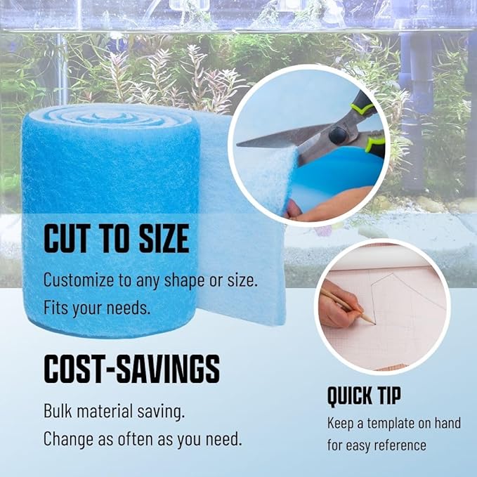 Premium Aquarium Filter Media Pad - Cut-to-Fit Roll, Fresh and Saltwater Safe, Blue & Dye-Free Options, Made in USA(Blue Bonded, 12"x96"(8 ft) by 0.75")