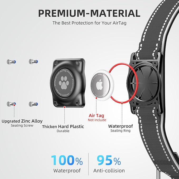 Airtag Dog Collar - 100% Waterproof Air tag Dog Collar Holder for Apple AirTag, Reflective, Soft Padded, Everlasting, GPS Dog Collar for Small Medium Large Dogs (Black, XL)