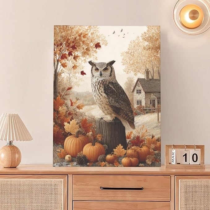 Fall Owl Wall Art Autumn Pumpkin Leaves Wall Decor Rustic Canvas Print Farmhouse Pictures Painting Print Framed Artwork Decorations Gifts for Living Room Bathroom Bedroom Office 12"x16"