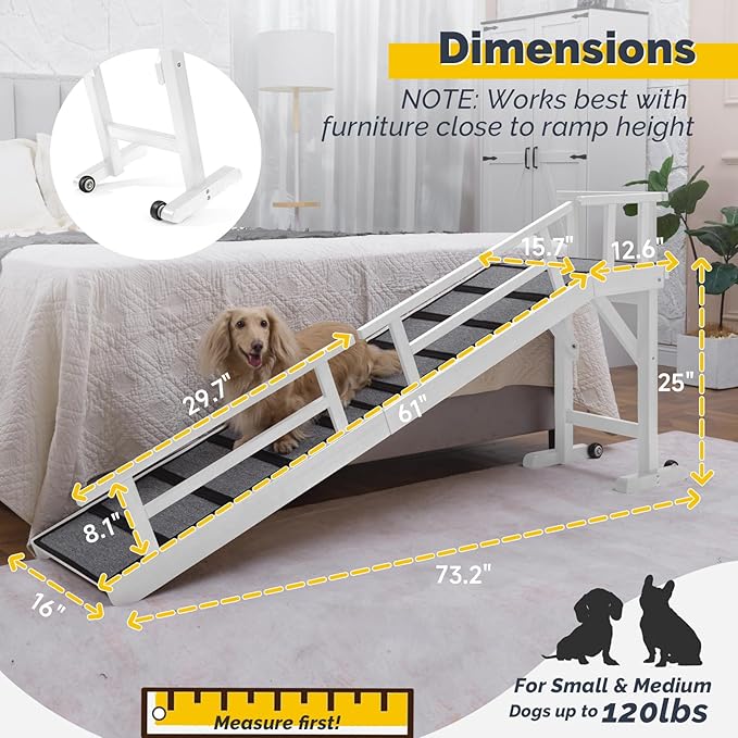 Dog Ramp for Bed or Couch, Wooden Pet Ramp with 20° Gentle Slope, Removable Side Rails, Non-Slip Surface, Top Platform & Wheels, Safe Bed Ramp for Small, Medium & Senior Dogs, 74" Long, White