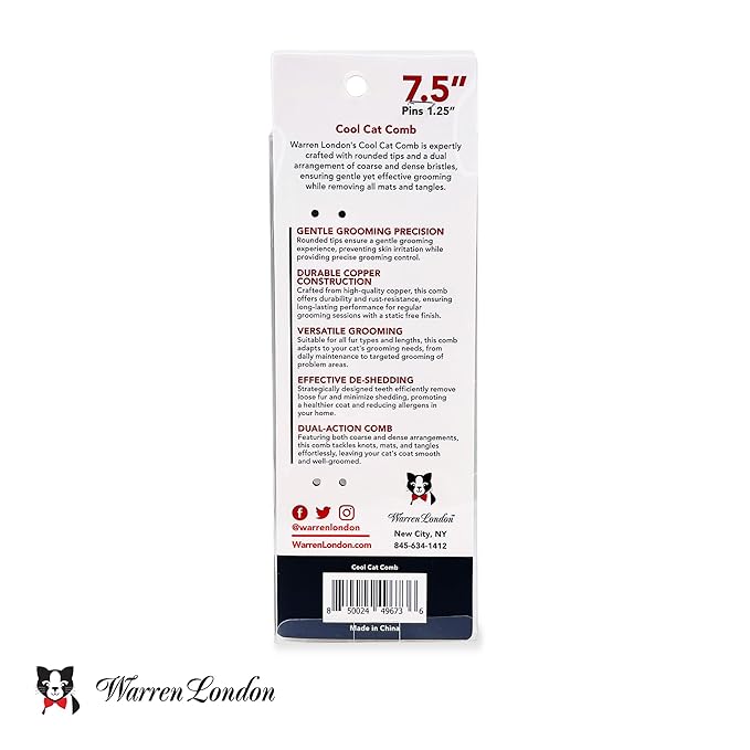 Warren London Cool Cat Comb | 7.5 inches of Copper Strength | Rounded Tips Comfort Durability | Fine/Coarse Greyhound Style Deshedding Dematting