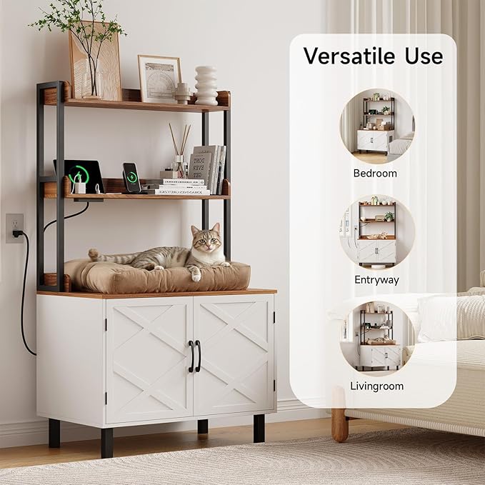 55 Inches Cat Litter Box Enclosure, Hidden Litter Box Furniture with 2 Storage Shelves and Charging Sockets, Wooden Cat House, Large Indoor Cabinet for Living Room & Entryway, White