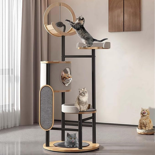 Cat Tree, 66In Cat Tower with Scratching Post, Tall Multi-Level Cat Houses for Indoor Cats Large Adult, Cute Cat Post Cat Condos with Dangling Ball,Plush Platform, Hammock, Big Cats Climbing Tower
