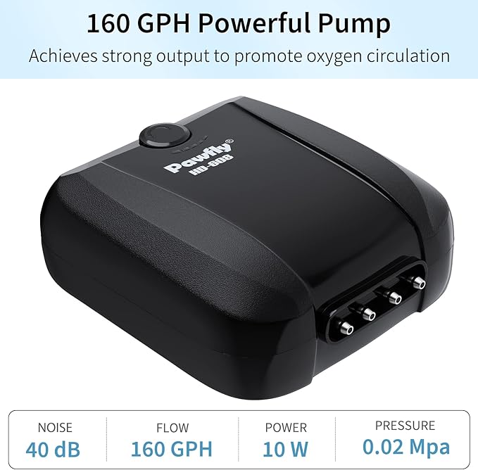 Pawfly Aquarium Air Pump Oxygen Pump for 10-200 Gallon Fish Tanks Buckets Dual Outlet Adjustable Ultra Quiet Aerator Pump with Accessories