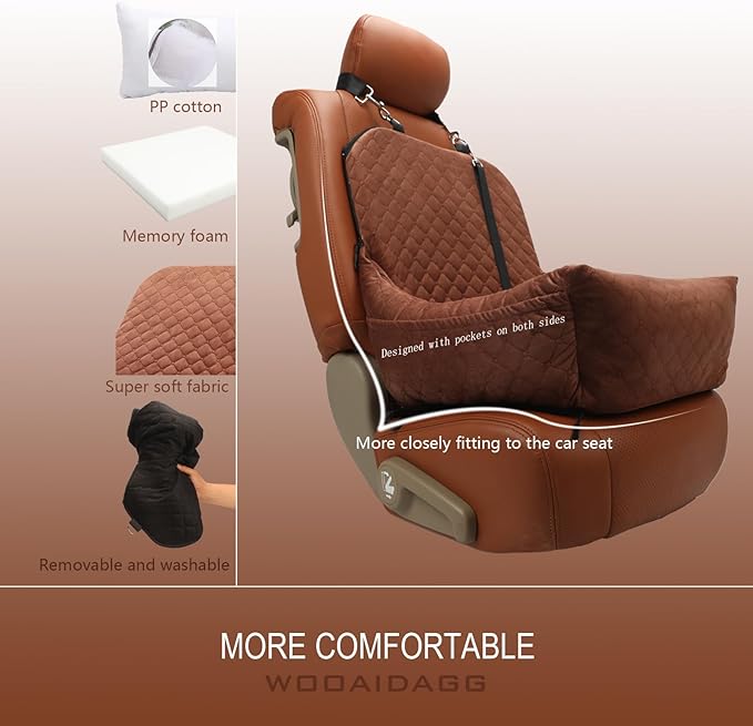 Dog Car Seat for Small Dogs,Covered Soft Fabric and Fill in Memory Foam,Easy to Assemble and Fully Detachable,2 Clip-On Safety Leashes and Storage Pockets(Brown)