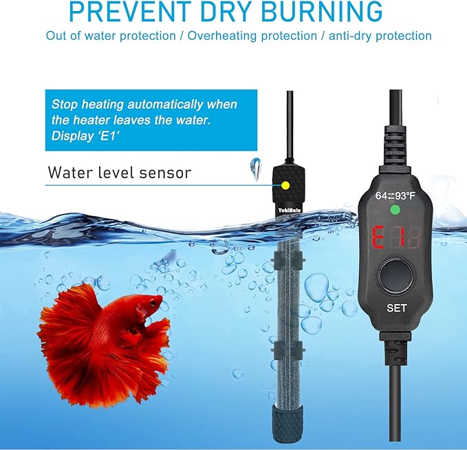 YukiHalu Small Submersible Aquarium Heater, Adjustable Mini Fish Tank Heater 25W 50W 100W 200W 300W with External Temperature Controller, LED Display, Used for 5/10/20/40/60 Gallons (100 Watts)