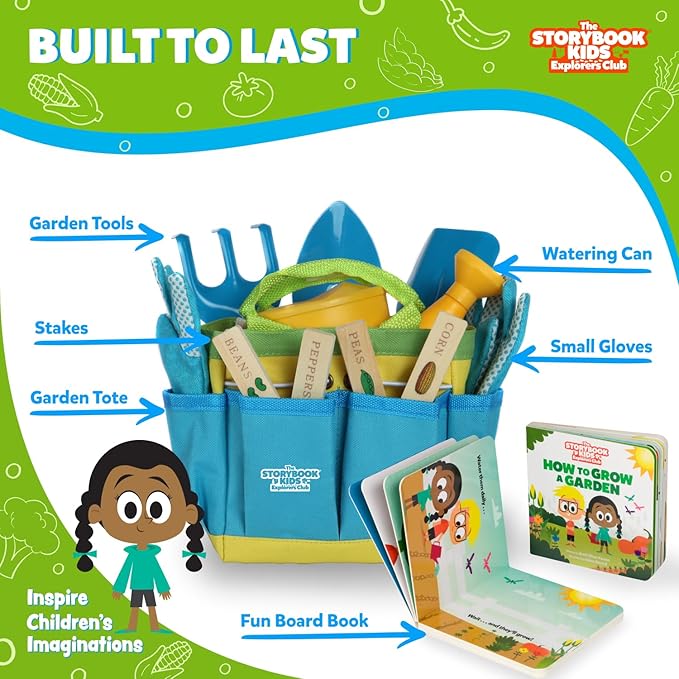 Blue Kids Gardening Tools - Includes Sturdy Tote Bag, Watering Can, Gloves, Shovels, Rake, and Delightful Children's Book - Kids Garden Tool Set -Easter Gifts for Toddler Age on up.