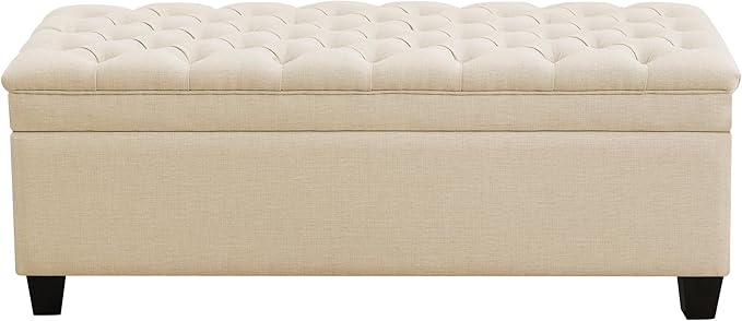 51" Fabric Storage Ottoman Bench, Upholstered Rectangle End of Bed Storage Ottoman Tufted Living Room Bedroom Bench with Safety Hinge, Solid Wood Legs, Loads 500 lb(Khaki)