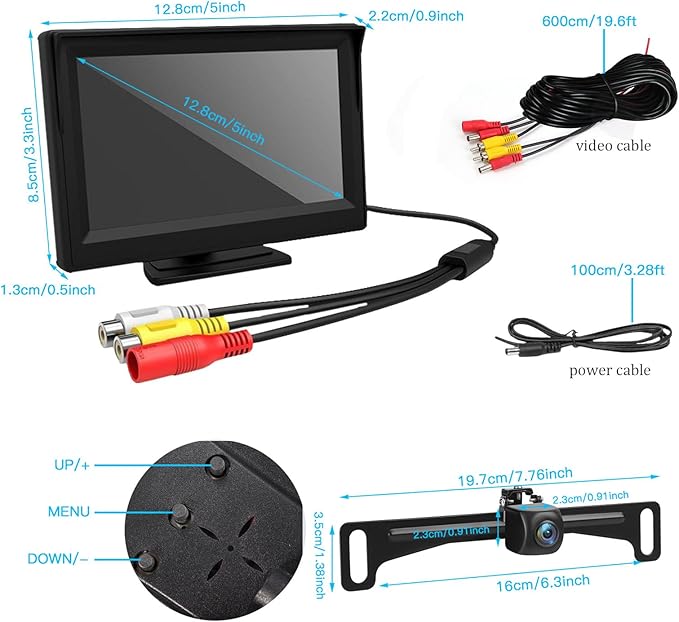 Kairiyard License Plate Backup Camera with 5in Monitor, 170 Degree Wide Angle DIY Grid Lines Waterproof Reverse Rear View Camera Systems for Truck Car Trailer SUV