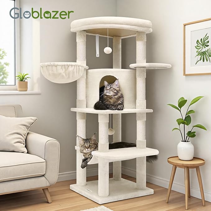 Globlazer Corner Cat Tree Tower with Scratching Post for Indoor Cats, 51in Plush Multi-Level Cat Tower with Large Hammock, Fan-Shaped Padded Perch, Spacious Cat Condo, Hanging Basket, C51, Light Beige