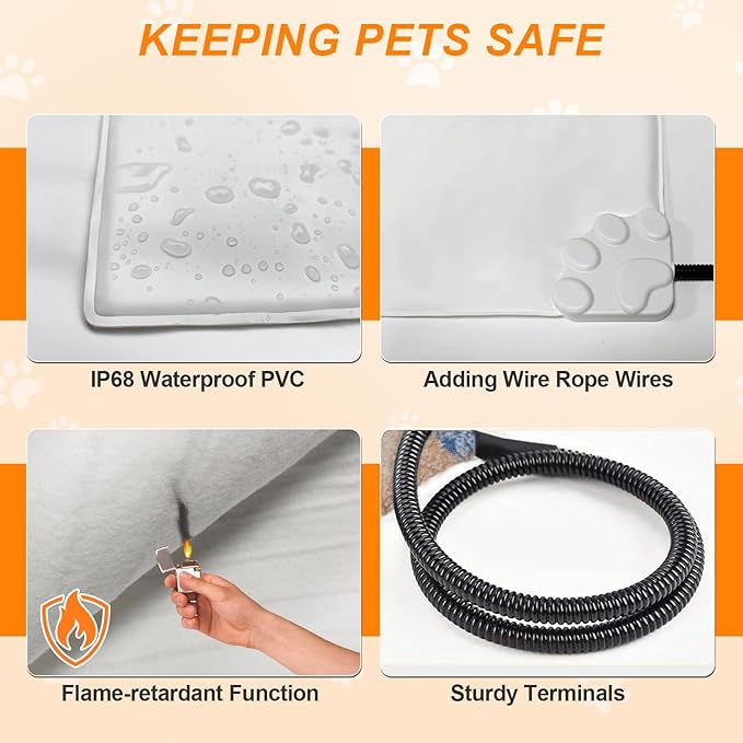 Dog Heating Pad,28×18 in Waterproof PVC Pet Heating Pad, Adjustable Thermostat+Constant On Function, Metal Protective Tube Comes with a Plush Cotton Sleeve，Whelping Box-Apricot
