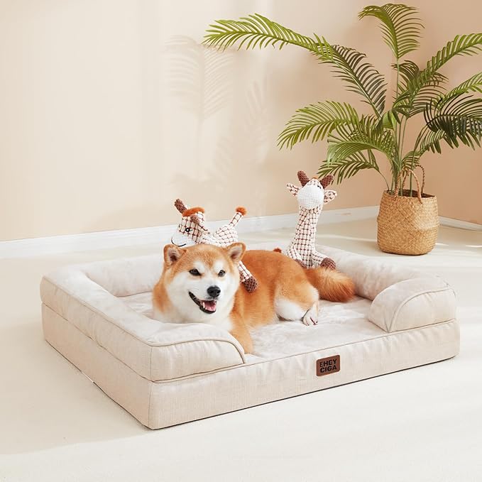 EHEYCIGA Orthopedic Dog Beds for Extra Large Dogs, Waterproof Memory Foam XXL Dog Bed with Sides, Non-Slip Bottom and Egg-Crate Foam Big Pet Couch Bed with Washable Removable Cover, Beige