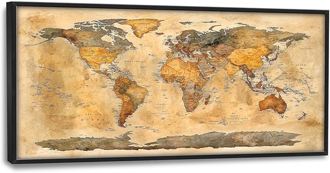 Extra Large World Map Framed Wall Art for Living Room,Oversized Vintage Map of The World Pictures Wall Decor,Canvas Print Painting Modern Artwork Bedroom Office Bathroom 60L" x 30W"