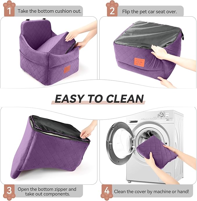 Dog Car Seat for Small/Medium Dogs, Dog Booster Car Seats with Thick Cushion for Dogs Under 35lbs, Detachable Washable Pet Carseat with Storage Pockets, 2 Safety Belts(Purple)
