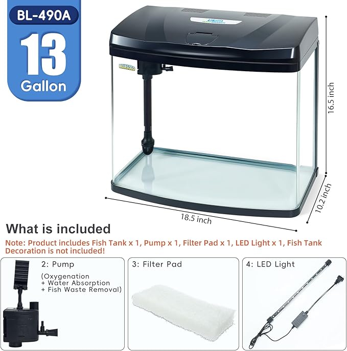13 Gallon Glass Aquarium Starter Kit with Flip-Top Feeding Port for Betta Fish: Crystal Clear Viewing, Eco-Cycle Filtration, Air Pump, and LED Lighting