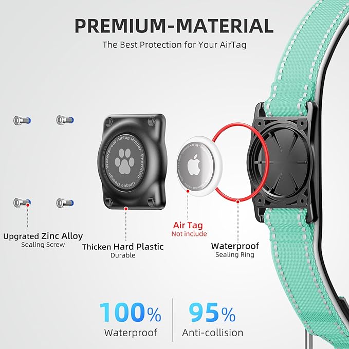 Airtag Dog Collar - 100% Waterproof Air tag Dog Collar Holder for Apple AirTag, Reflective, Soft Padded, Everlasting, GPS Dog Collar for Small Medium Large Dogs (Teal, M)