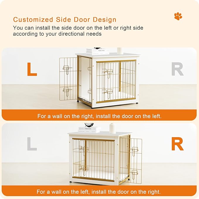DWANTON Dog Crate Furniture with Cushion, Wooden Kennel Table with Double Doors, Indoor Dog House, Small/Medium/Large Size, 27.2" L, White