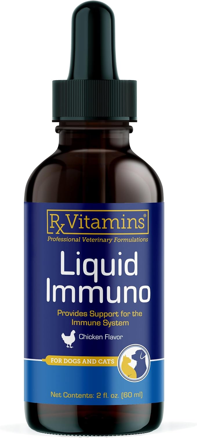 Rx Vitamins Liquid Immuno - with L-Lysine for Cats and Dog Health - Reishi Mushroom Supplement for Dogs & Cat Immune Support - Vitamins for Dogs and Dog Eye Supplements with Lutein - Chicken (2oz)