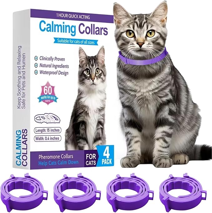Calming Collar for Cats 4 Pack - Pheromone Collar for Stress and Anxiety Relief, Lasts 60 Days, Adjustable, Water-Resistant & Breakaway Design to Make Cats Relaxed