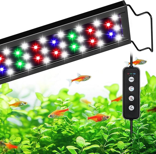 AQQA Full Spectrum Aquarium Light, Fish Tank Lights for Plant Growth Fish Viewing,3 Mode White Blue Red Green LED beads,Timer,Adjustable Brightness,Extendable Brackets for Freshwater 14W for 12-18inch