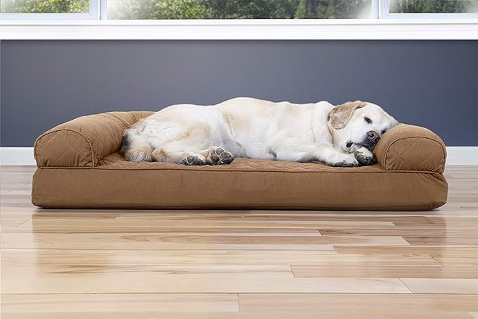 Furhaven Cooling Gel Dog Bed for Large Dogs w/ Removable Bolsters & Washable Cover, For Dogs Up to 95 lbs - Quilted Sofa - Toasted Brown, Jumbo/XL