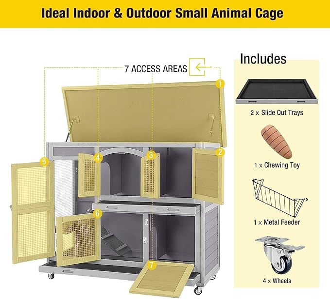 Aivituvin 47" Two Story Rabbit Hutch Bunny Cage with Wheels, Indoor Outdoor Guinea Pig Cage with 2 Deep No Leak Tray