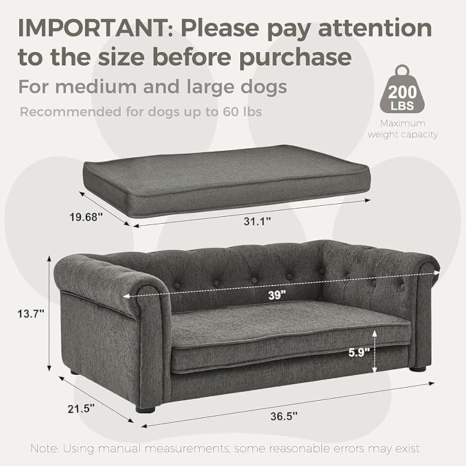Dog Sofa Couch for Medium Dogs, 31" Memory Foam Dog Couch with Washable Fabric, Removable Cushion, Sofa Bed for Medium Dogs, Grey