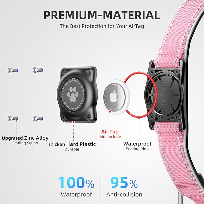 Airtag Dog Collar - 100% Waterproof Air tag Dog Collar Holder for Apple AirTag, Reflective, Soft Padded, Everlasting, GPS Dog Collar for Small Medium Large Dogs (Pink, XL)