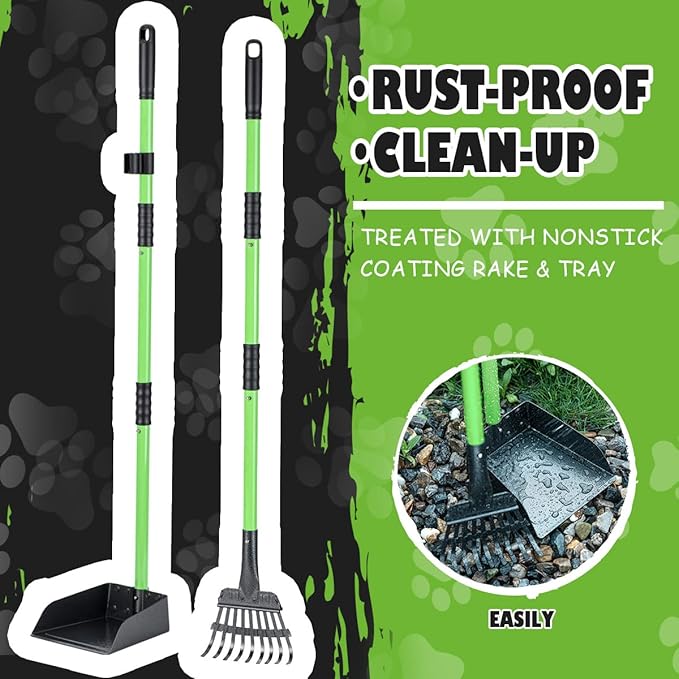 MXF Dog Pooer Scooper Set, 2 in 1 Pet Poop Scooper with Long Handle 28" Dog Poop Picker Upper and Stainless Metal Tray & Rake for Medium & Small Dogs, Heavy Duty for Grass, Dirt, Gravel