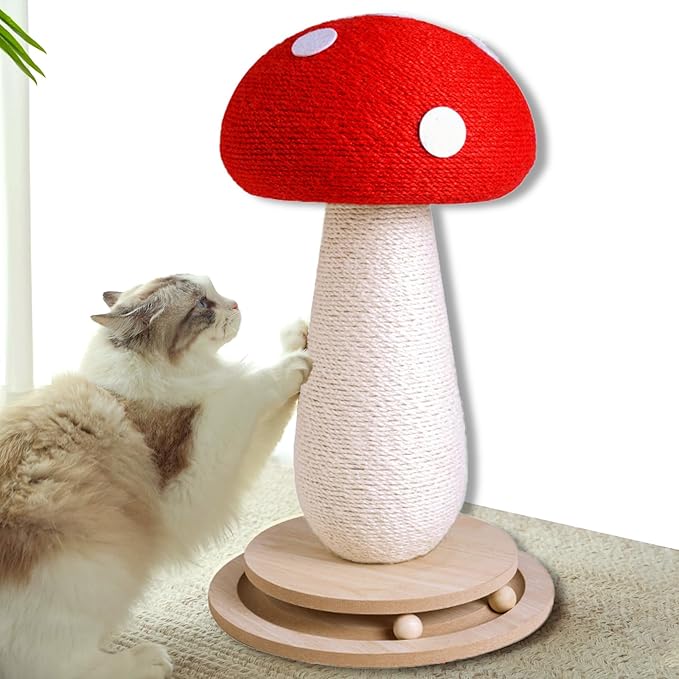 Cat Scratching Post Mushroom Cat Tree with Natural Sisal, Weighted Base & Interactive Ball - for Kittens to Adult Cats - Perfect for Indoor Cats (Red, Large 21 in, 7)