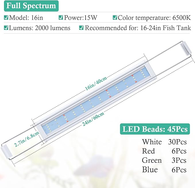 HITOP Full Spectrum LED Aquarium Light – 16-24” Classic Fish Tank Light with Timer, Aquarium Plant Light with Stable Extendable Brackets (16-24in)