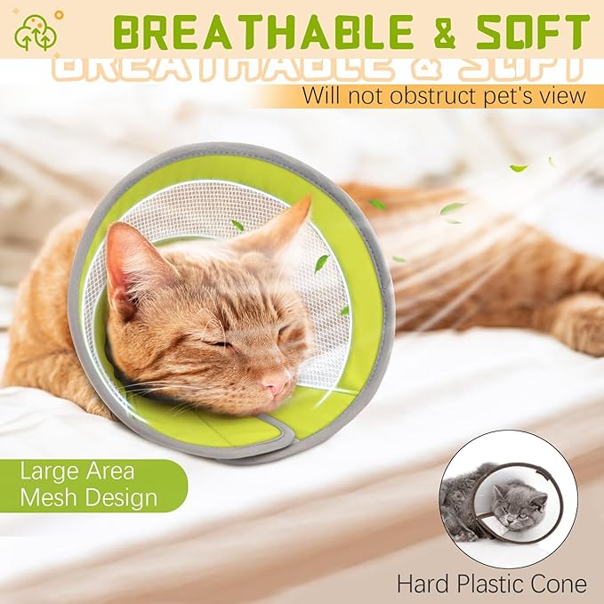 Breathable Air Mesh Cat Cone Collar Soft - Adjustable Recovery Collar to Stop Licking After Surgery, Foldable Lightweight E-Collar for Cats & Kittens (Green,S)